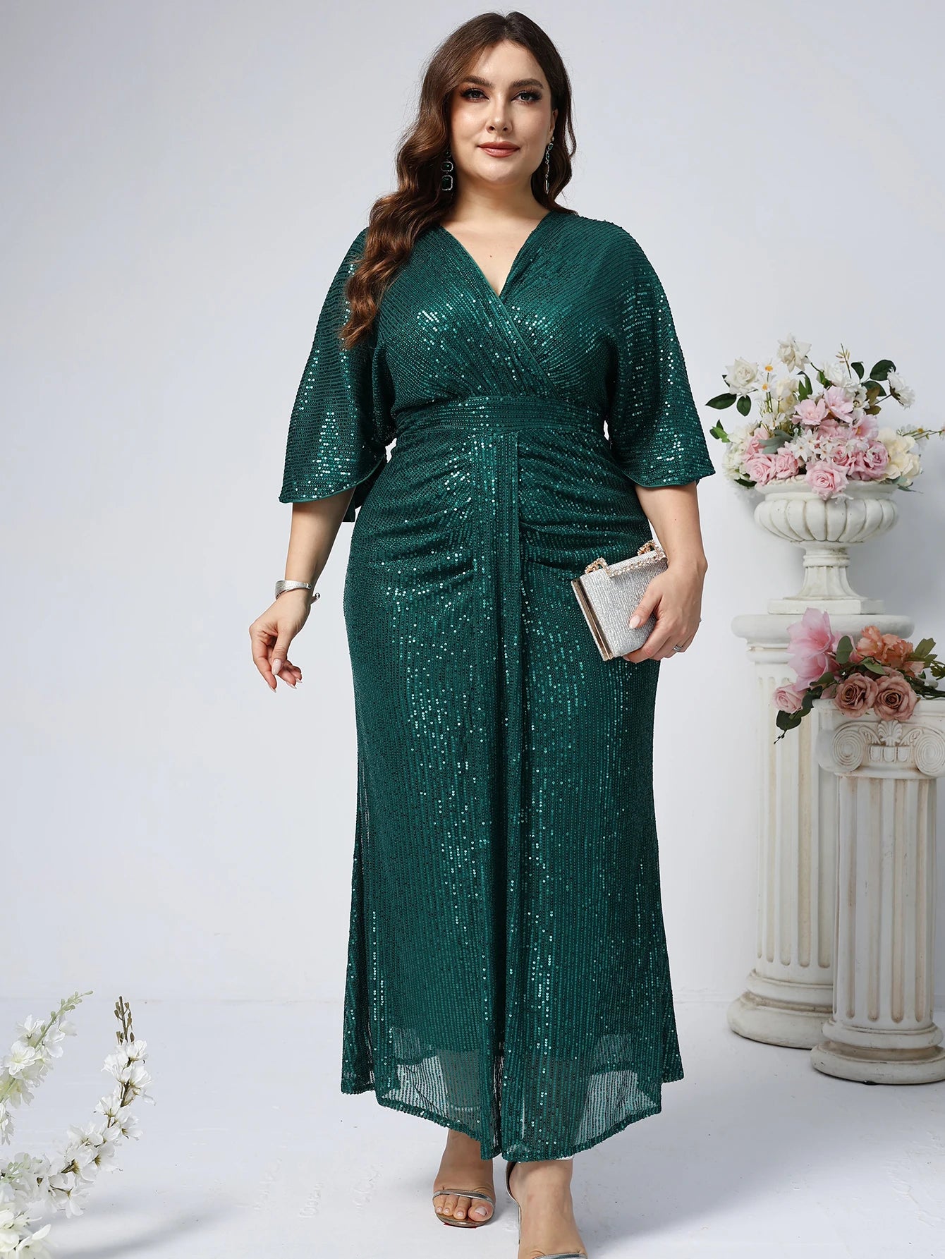 Plus Size Smaragdgroene Paillettenjurk