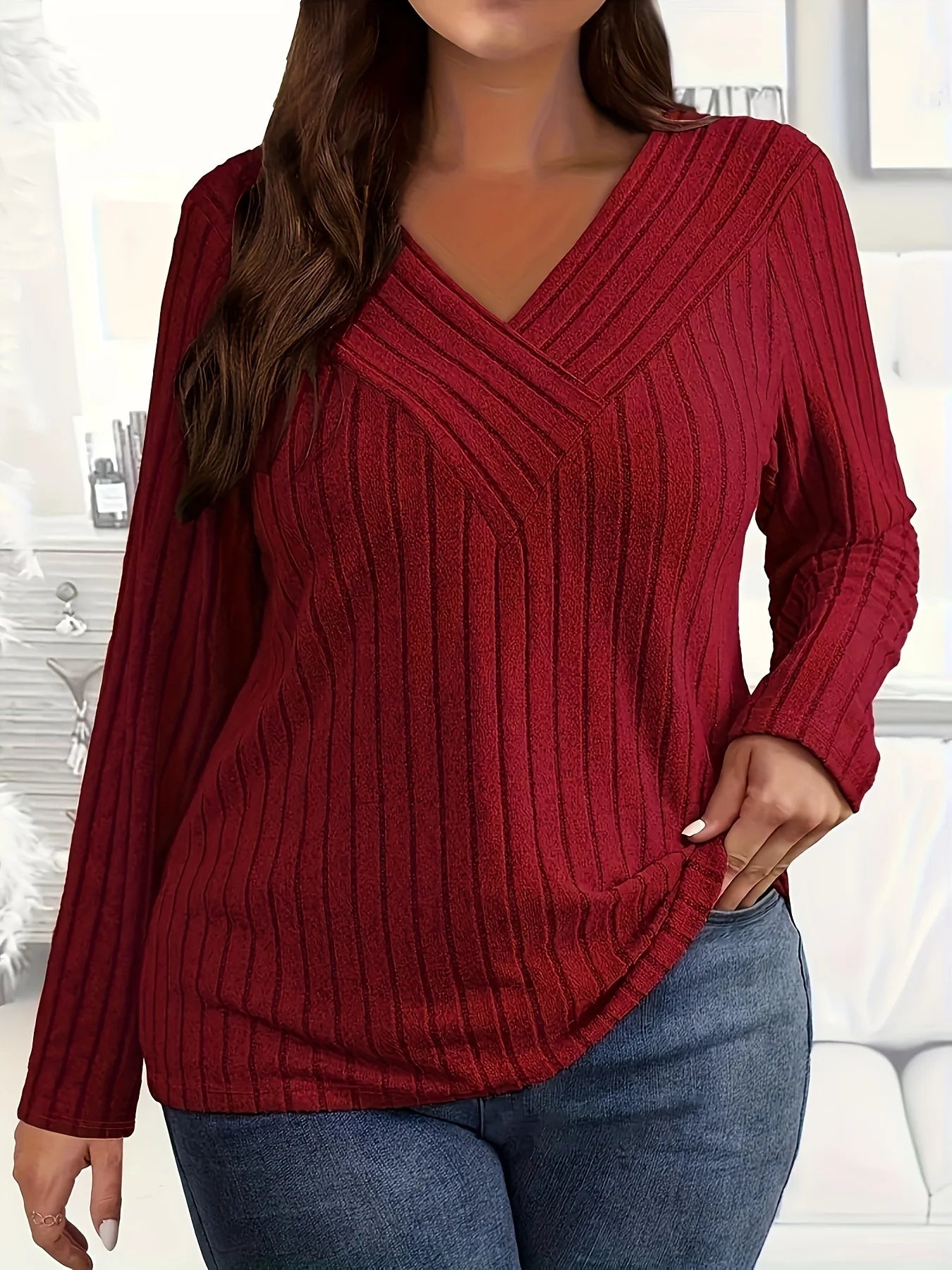 Plus Size Ribgebreid Shirt met V-hals – Comfortabel en Elegant