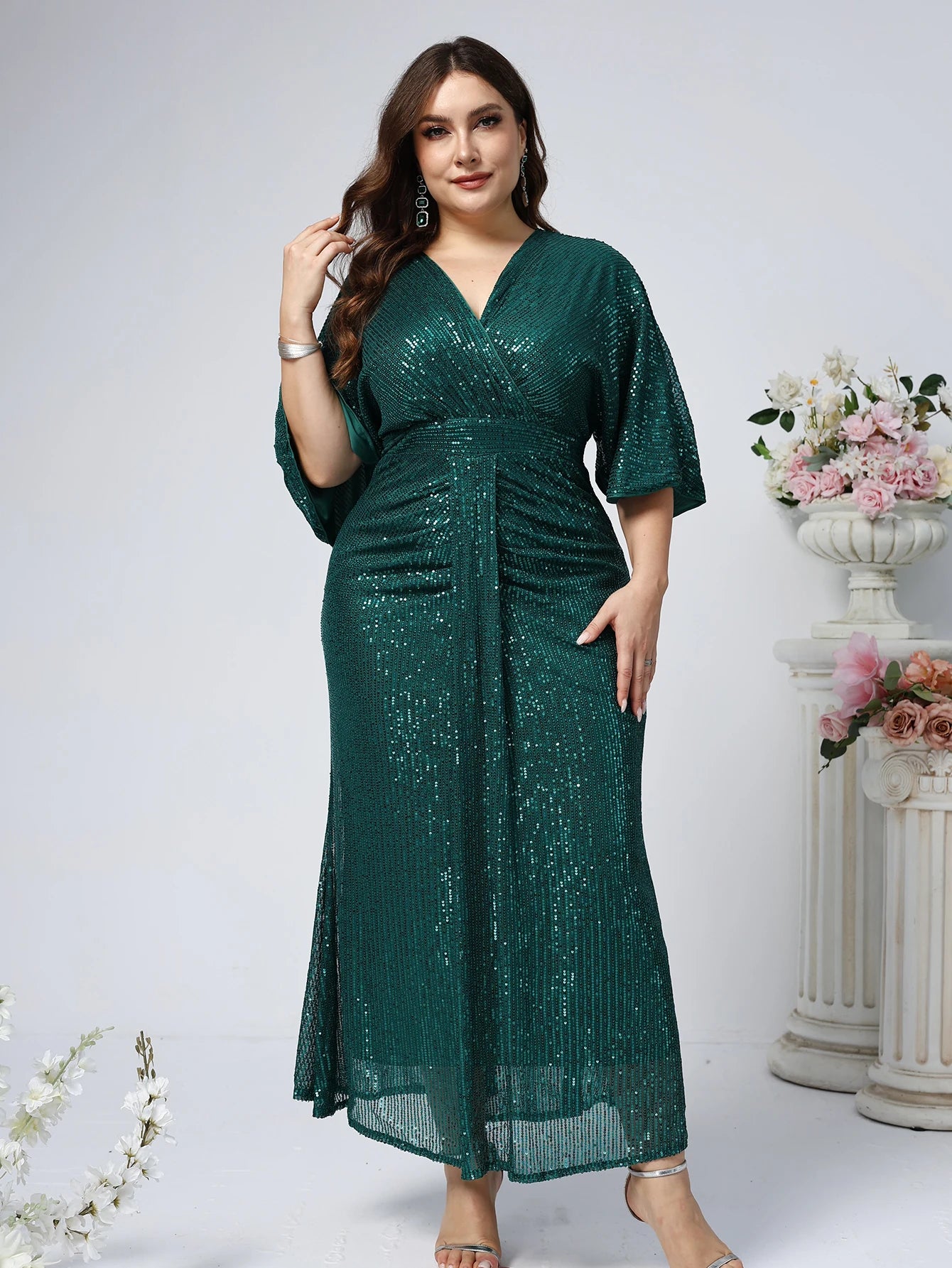 Plus Size Smaragdgroene Paillettenjurk